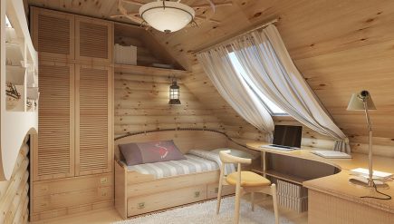 Dzieci dla nastolatka w domu z bali na poddaszu. Meble dziecięce w stylu marynistycznym. Łóżko, szafa i biurko. Render 3D.